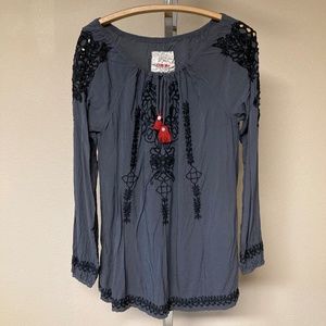 Biya Johnny Was Small Embroidered Tunic Grey Black Tie Neck With Tassels
